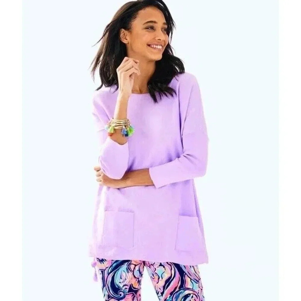 Lilly Pulitzer Elba Sweater 3/4 Sleeve Tassel Pockets Lavender Purple XS